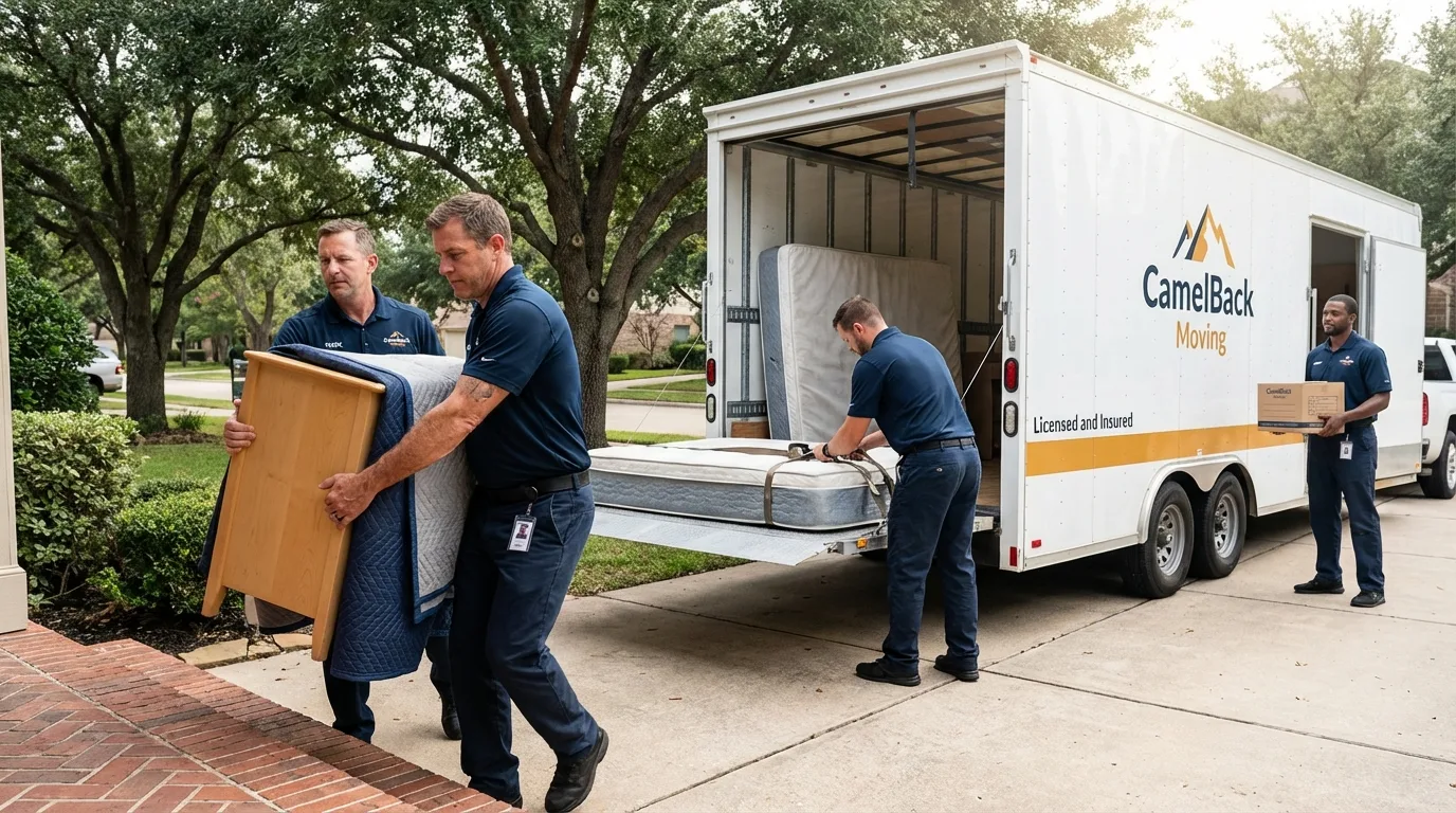 Crew loading residential truck for cross-state move from Crothersville, IN