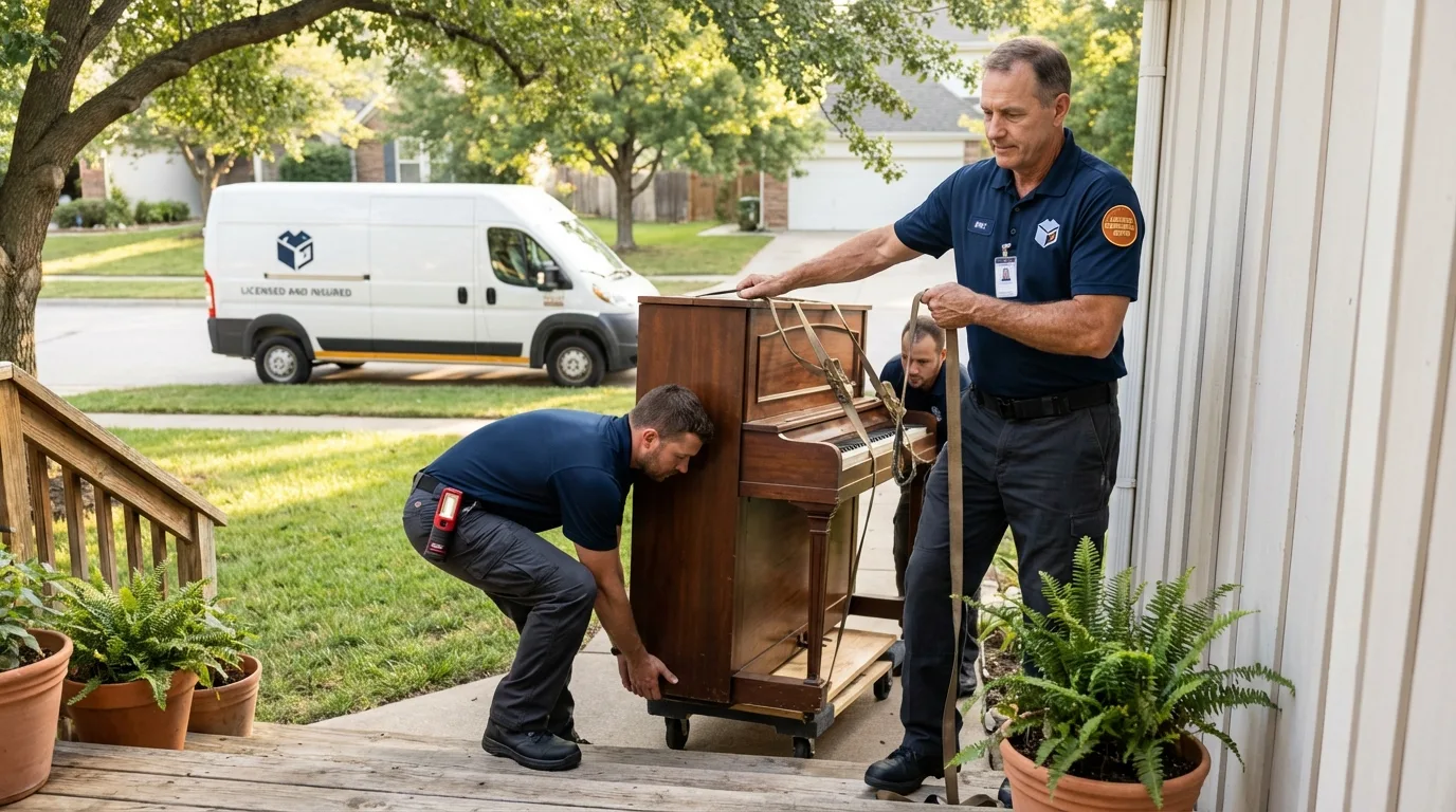 Licensed piano movers securing grand piano in Crothersville, IN