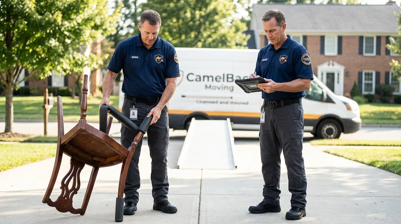 Movers inspecting furniture for damage prevention before loading in Crothersville, IN