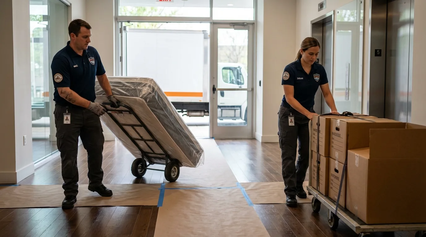 Professional apartment movers loading elevator in Crothersville, IN