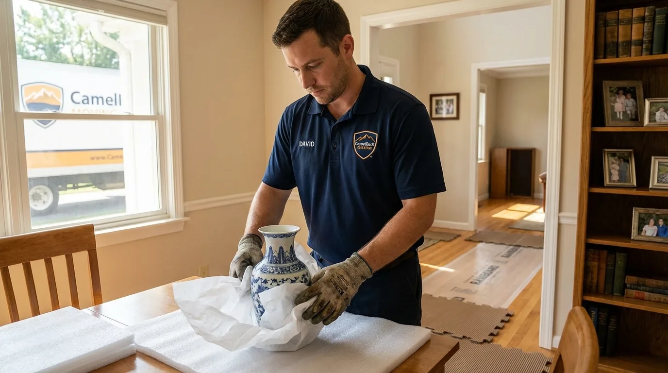 Professional crew carefully wrapping antique vase for senior downsizing move in Crothersville, IN